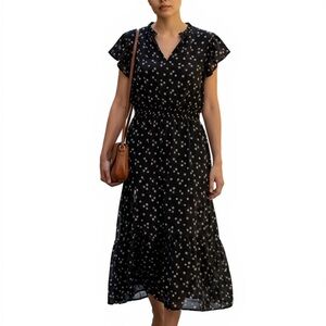 Tamara H. Black Floral Midi Dress | Ruffle Sleeves & Smocked Waist